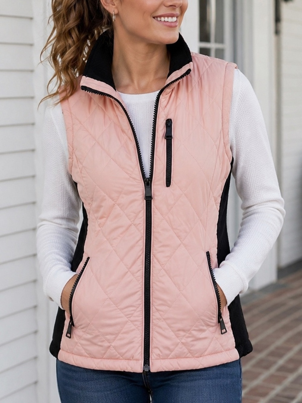 Workshop Republic Clothing Pink Quilted Puffer Vest Black Trim Size Medium